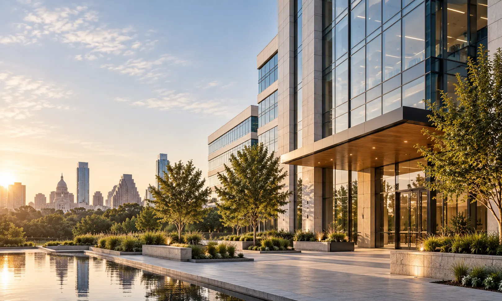 Houston condo tower rising against the city skyline at dusk